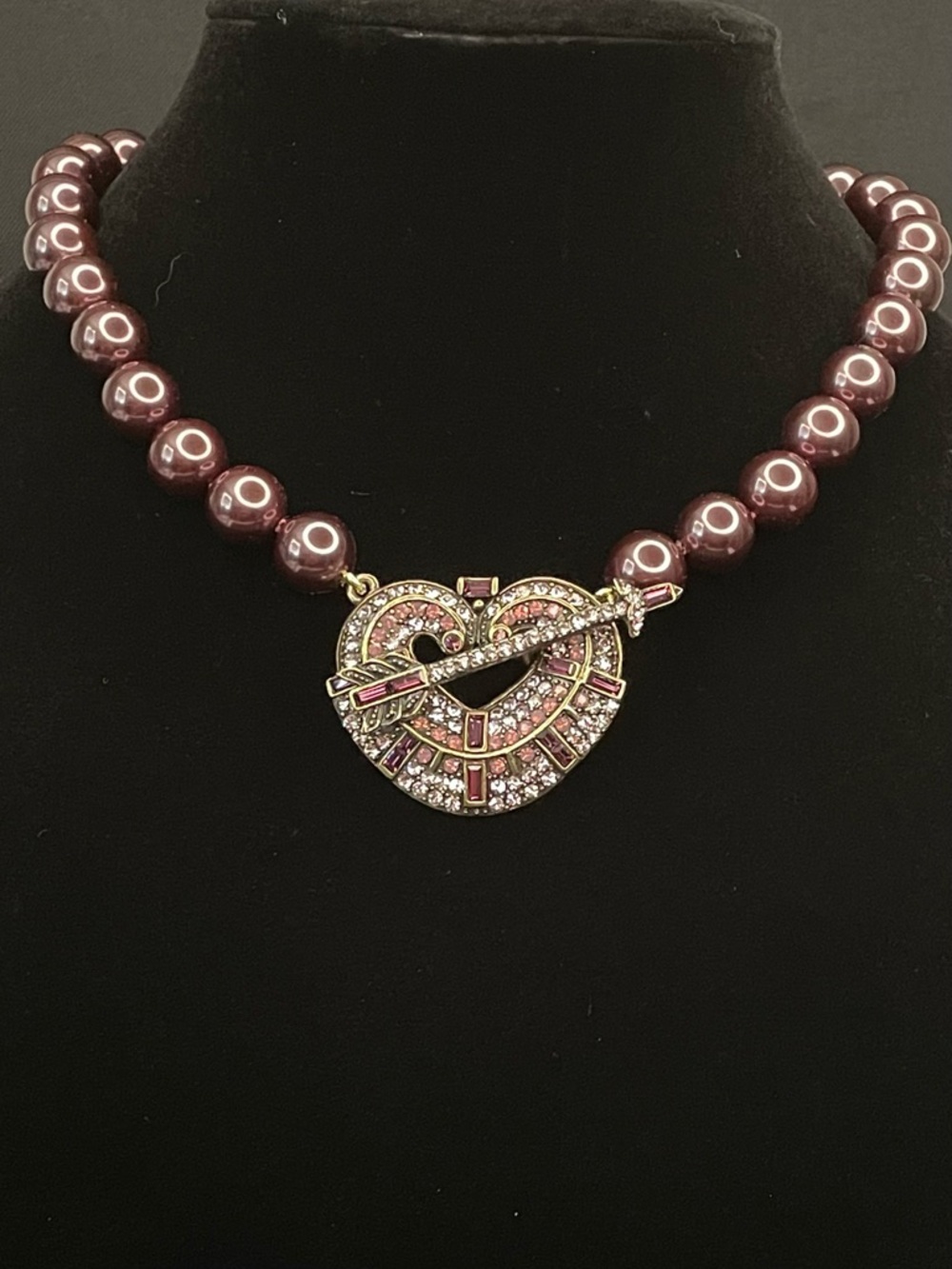Heidi Daus Necklace - rose pink and deep berry arrow through heart